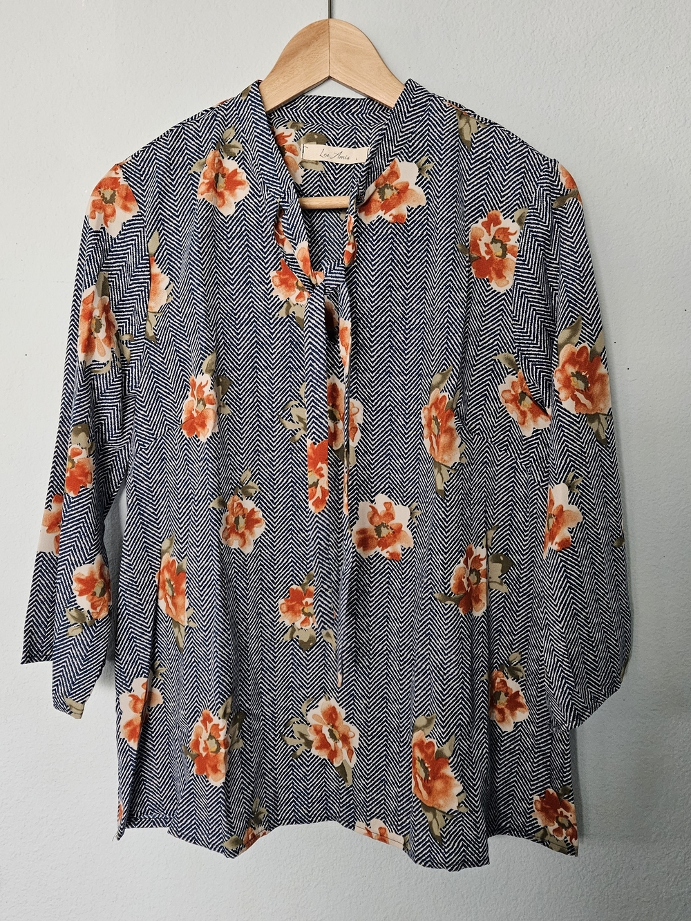 Women’s Navy Chevron Tie-Neck Tunic with Orange Floral Print
